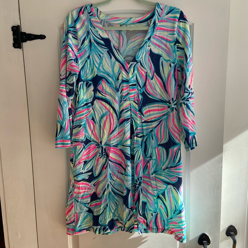 Lilly Pulitzer Long Sleeve Amina Dress in High Tide Navy Dancing Lady